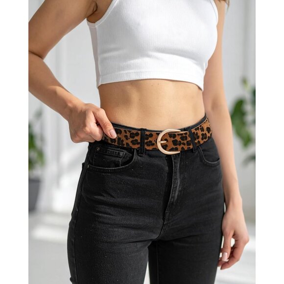 Women's Gold-leopard Print Pu Leather Belts For Jeans Dresses With Alloy Buckle - Picture 2 of 6